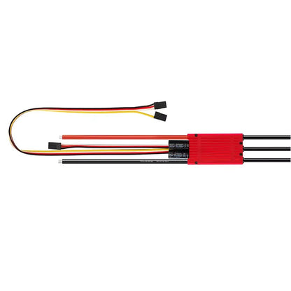 Hobbywing Skywalker 120A V2 UBEC Single ESC, Hobbywing Skywalker 120A V2 UBEC ESC with red heatsink case, motor wires, and receiver lead connectors