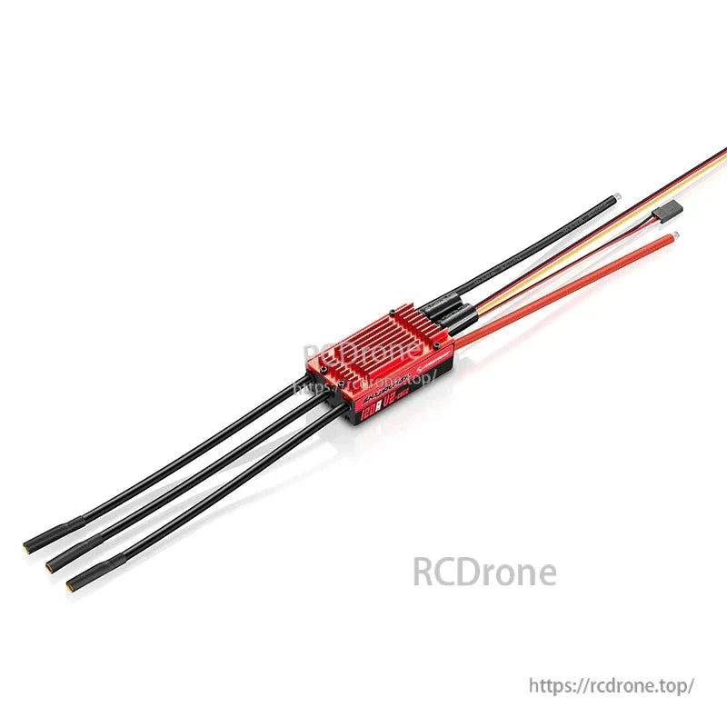 Hobbywing Skywalker 120A V2 UBEC Single ESC, Hobbywing Skywalker 120A V2 ESC with red heatsink, motor leads, battery wires, and servo signal plug