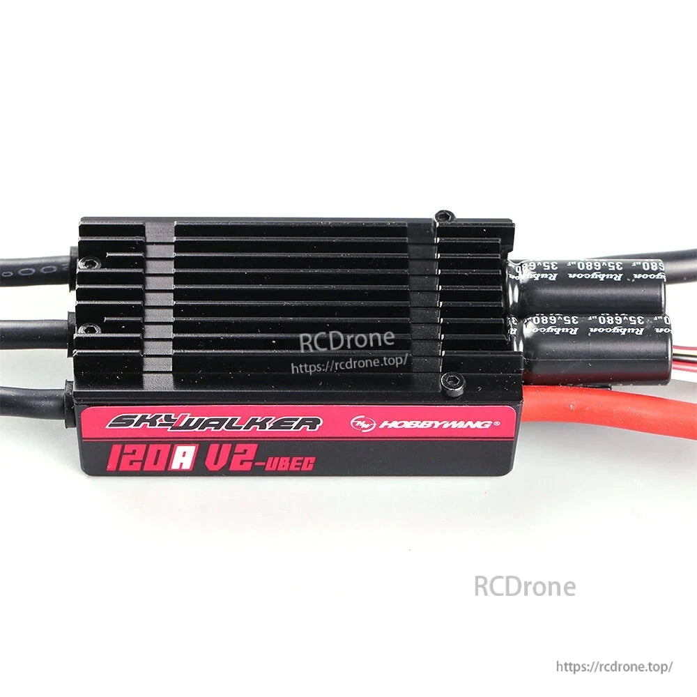 Hobbywing Skywalker 120A V2 UBEC Single ESC, Hobbywing Skywalker 120A V2 UBEC ESC with finned black heatsink case and attached power and motor wires