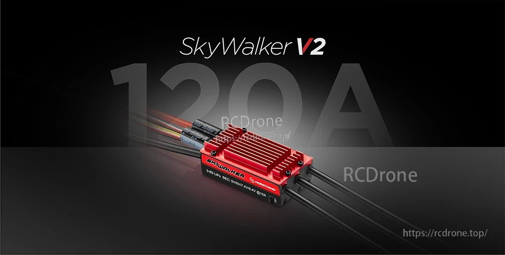 Hobbywing Skywalker 120A V2 UBEC Single ESC, Hobbywing Skywalker V2 120A brushless ESC with red aluminum heatsink and pre-wired power and motor leads