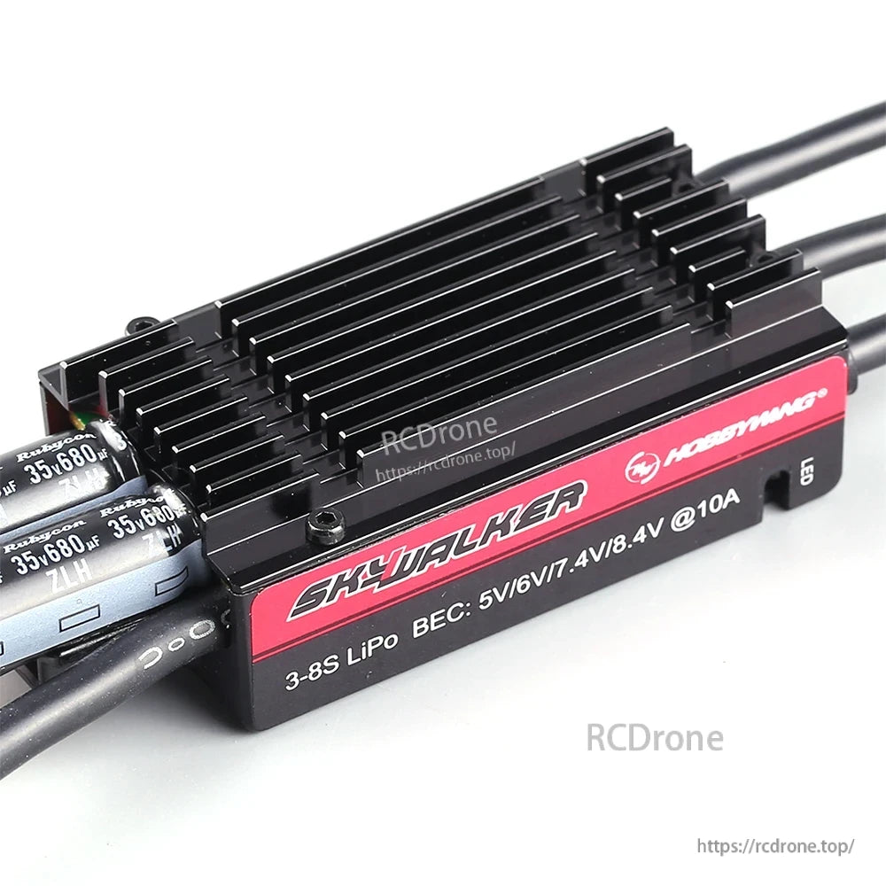 Hobbywing Skywalker 120A V2 UBEC Single ESC, Hobbywing Skywalker ESC with finned heatsink, 3–8S LiPo input and adjustable BEC 5–8.4V @ 10A label