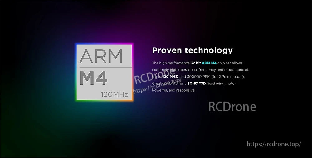 Hobbywing Skywalker 120A V2 UBEC Single ESC, Graphic highlighting 32-bit ARM M4 chip (120MHz) technology for the Hobbywing Skywalker 120A V2 UBEC ESC