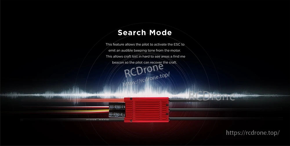 Hobbywing Skywalker 120A V2 UBEC Single ESC, Hobbywing Skywalker ESC with red heatsink and wiring, featuring Search Mode beeping locator function text