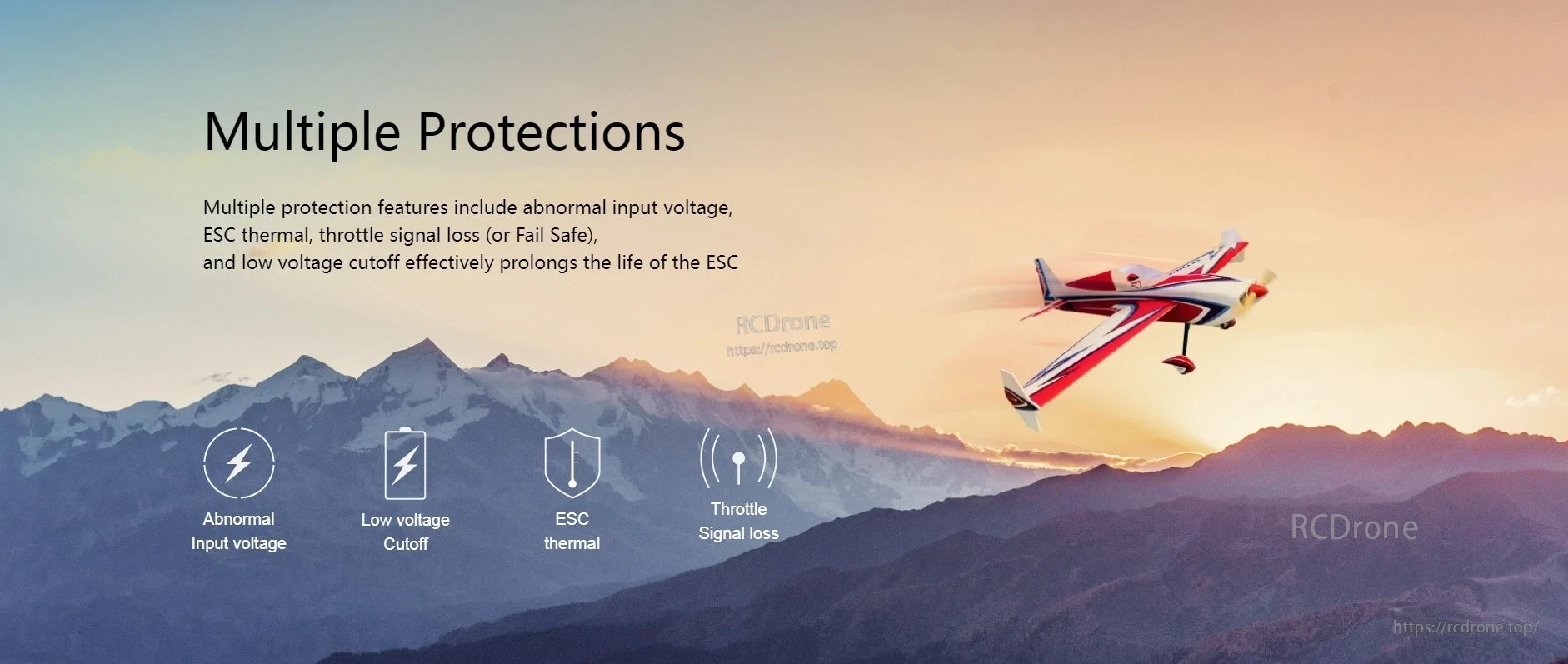 Hobbywing Skywalker 120A V2 UBEC Single ESC, Hobbywing Skywalker ESC graphic listing protections: abnormal input voltage, low-voltage cutoff, ESC thermal, and throttle signal loss.