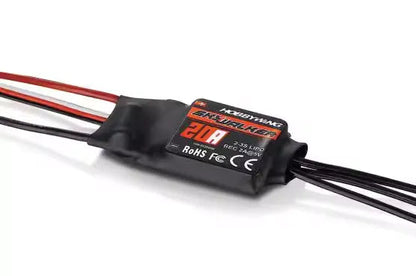 Hobbywing Skywalker 20A V2 2-3S Single ESC, Hobbywing Skywalker 20A V2 brushless ESC in black heat-shrink with motor leads and battery wires