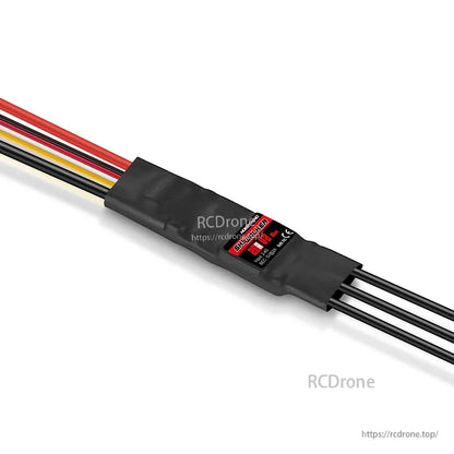 Hobbywing Skywalker 20A V2 2-3S Single ESC, Hobbywing Skywalker 20A V2 brushless ESC with shrink-wrapped body, battery leads, servo lead, and three motor wires