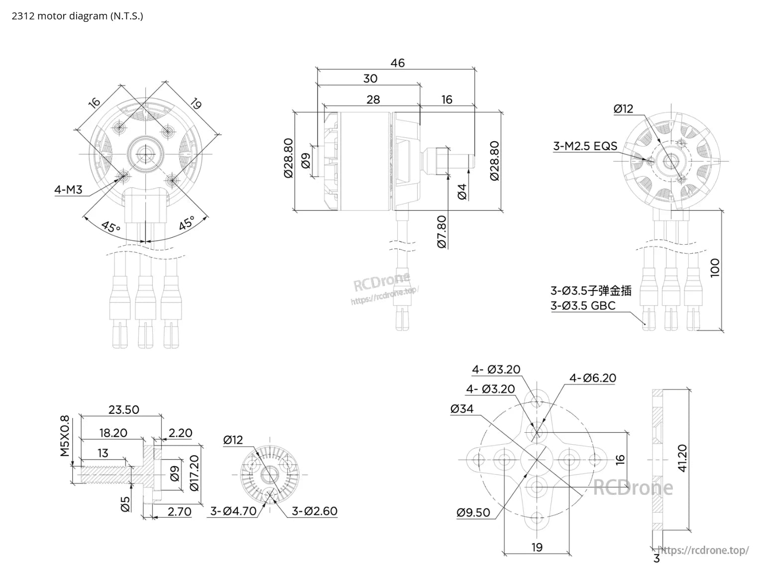 Hobbywing Skywalker 2312 SL Motor, Dimensioned diagram of Hobbywing Skywalker 2312 SL brushless motor with Ø28.8mm body, Ø4mm shaft and mounting holes
