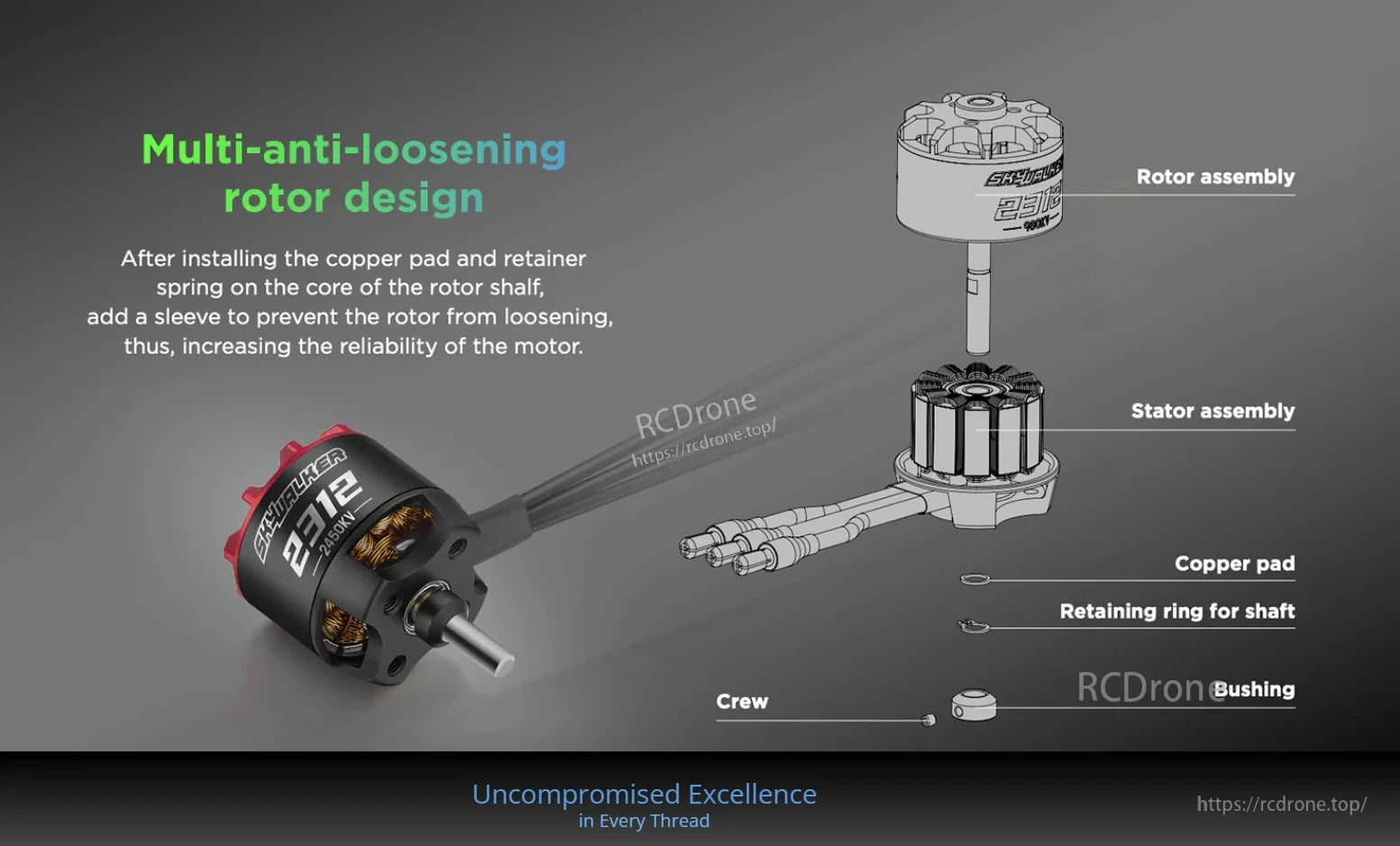Hobbywing Skywalker brushless aircraft motor with exploded rotor and stator assemblies, copper pad, and retaining ring