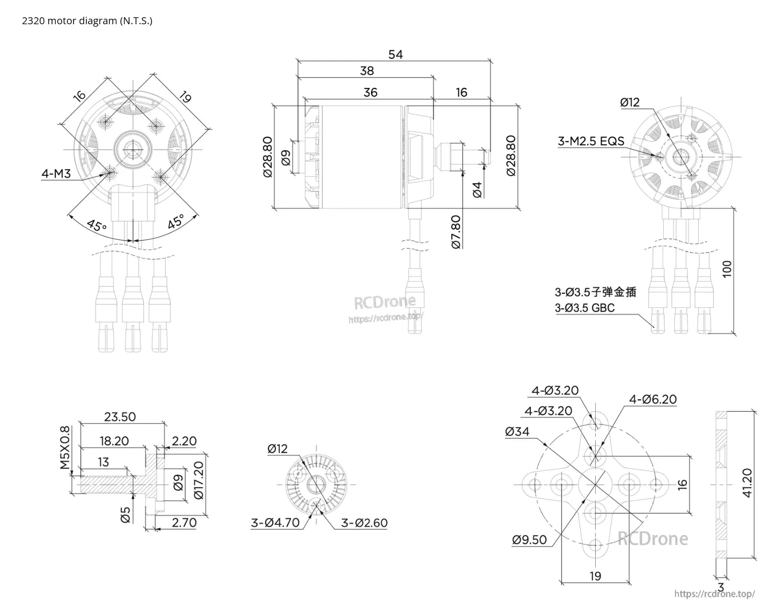 Dimensioned diagram of Hobbywing Skywalker 2320 SL aircraft motor with mounting hole pattern and shaft sizes