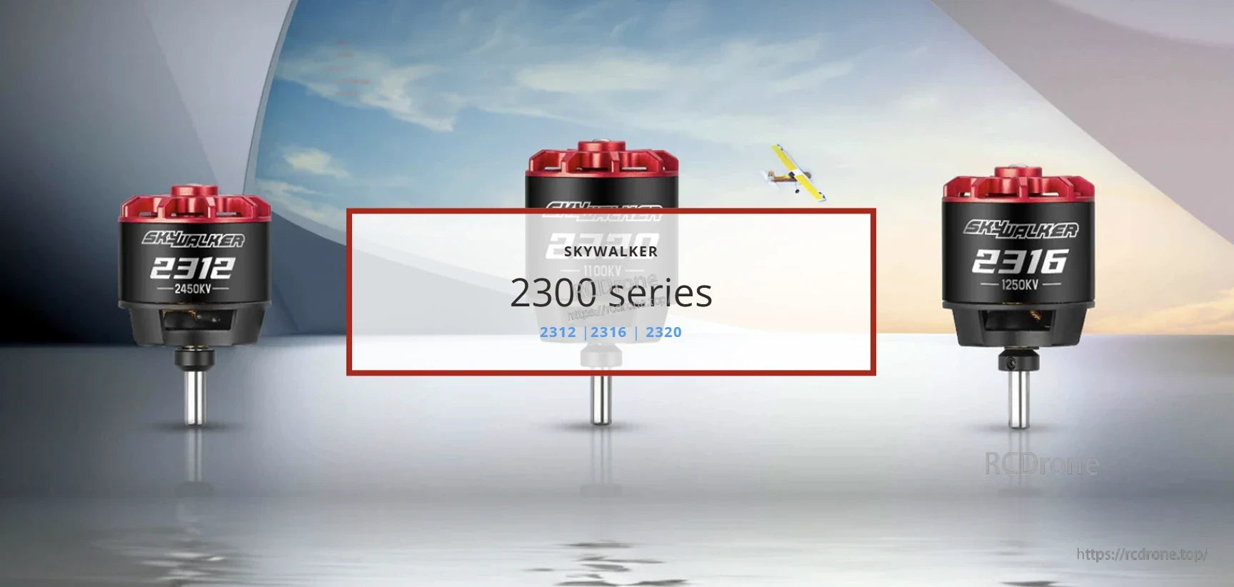 Hobbywing Skywalker 2300 series brushless aircraft motors, including 2320, with red top caps and KV labels