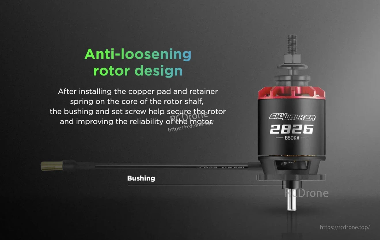 Hobbywing Skywalker 2826 brushless aircraft motor with anti-loosening rotor design and bushing on shaft