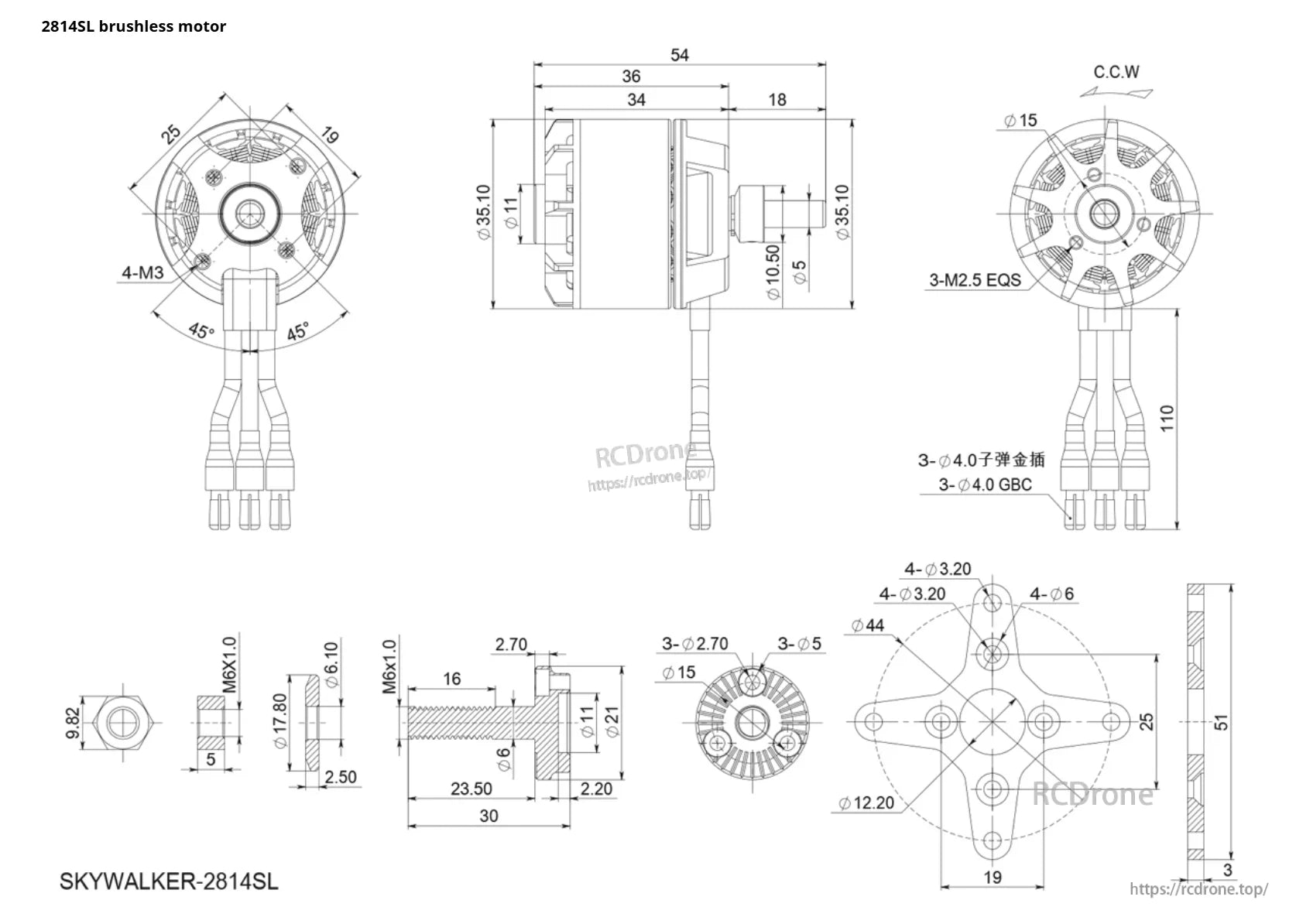 Hobbywing Skywalker 2814SL brushless motor dimension drawing with mounting hole pattern, shaft sizes, and overall length