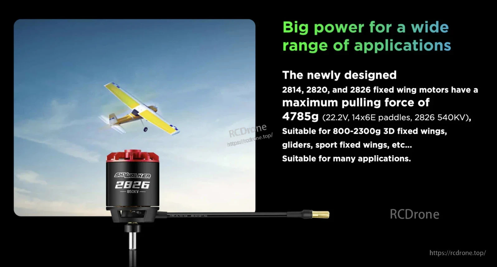 Hobbywing Skywalker fixed-wing brushless motor with red top, 2826 850KV label and bullet connector lead