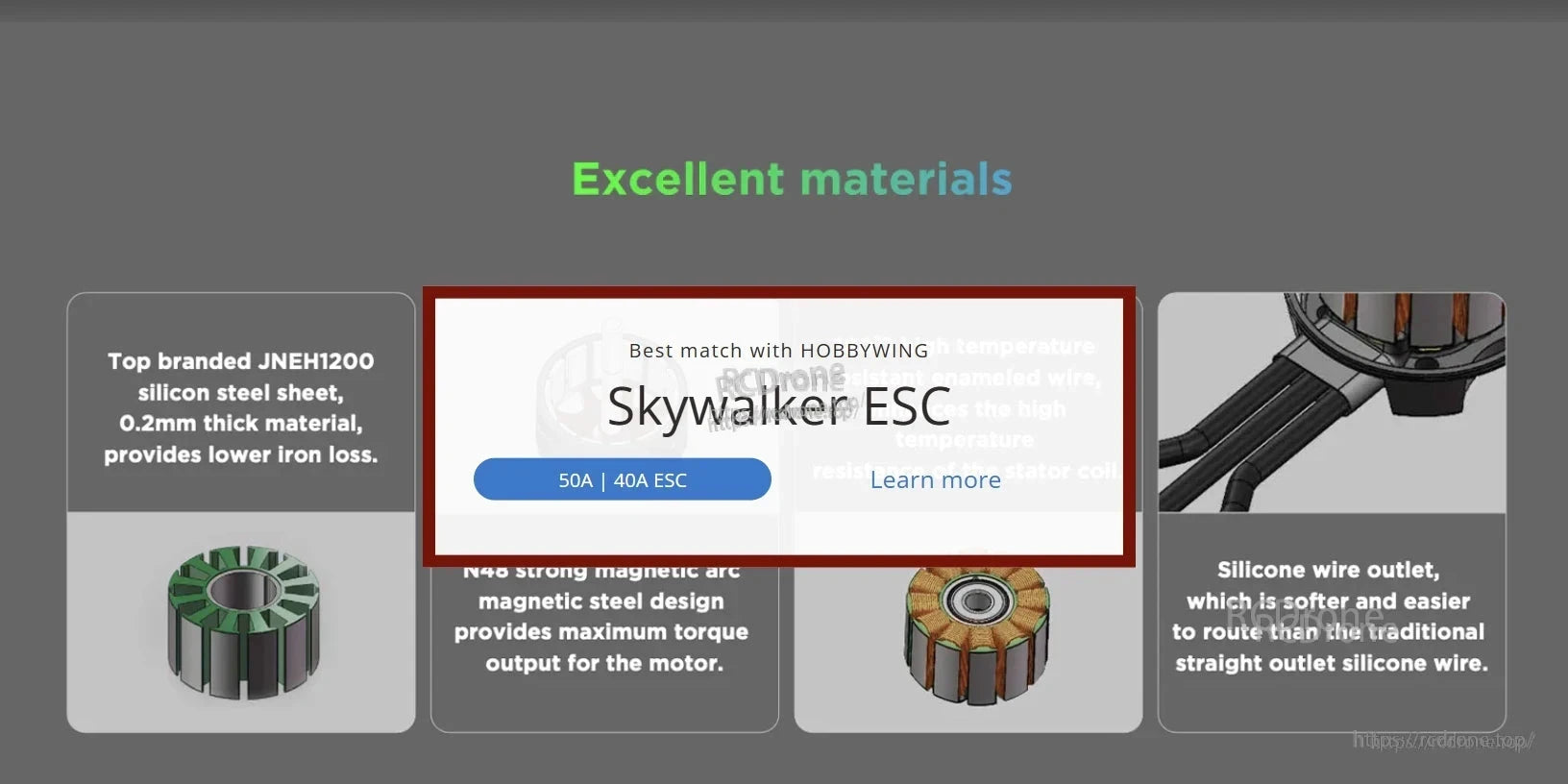 Hobbywing Skywalker 2814 SL motor materials graphic with 0.2mm silicon steel, N48 magnets and silicone wire outlet