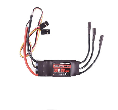Hobbywing Skywalker 30A V2 ESC, Hobbywing Skywalker 30A V2-UBEC brushless ESC with heatshrink case, receiver lead, and three motor wires