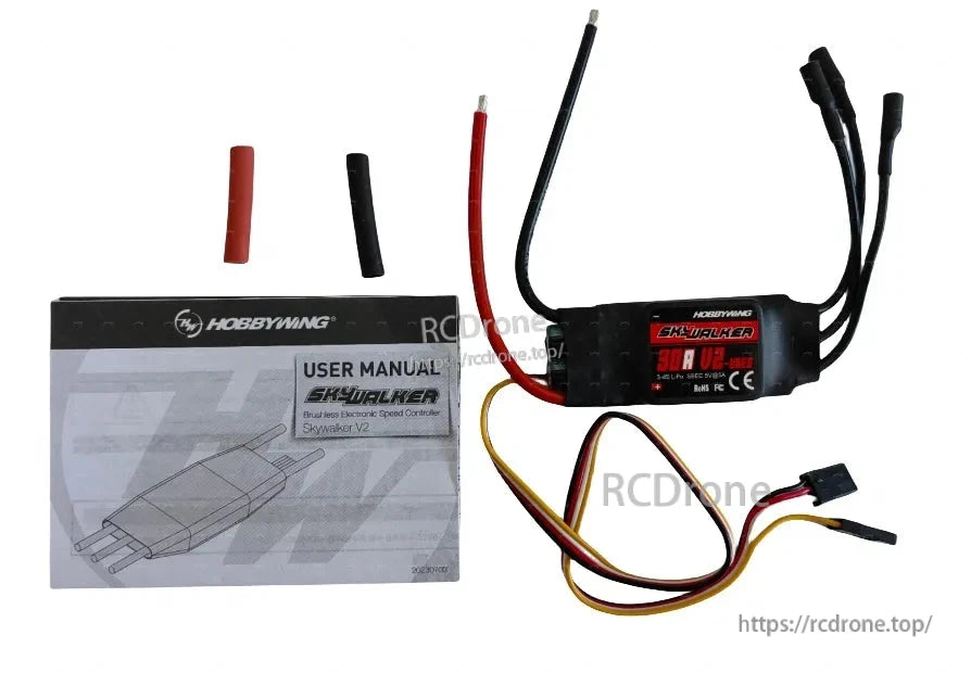 Hobbywing Skywalker 30A V2 ESC with heatshrink-wrapped controller, motor leads, battery leads, and user manual
