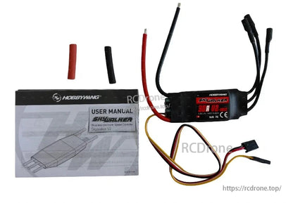 Hobbywing Skywalker 30A V2 ESC with heatshrink-wrapped controller, motor leads, battery leads, and user manual