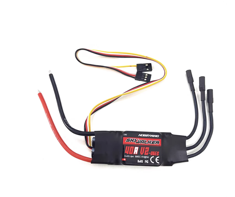 Hobbywing Skywalker 40A V2 RC Aircraft ESC, Hobbywing Skywalker 40A V2-UBEC RC aircraft ESC with 3 motor leads, battery wires, and receiver plug