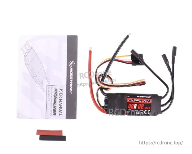 Hobbywing Skywalker 40A V2 RC aircraft ESC with wiring leads, connectors, and included user manual