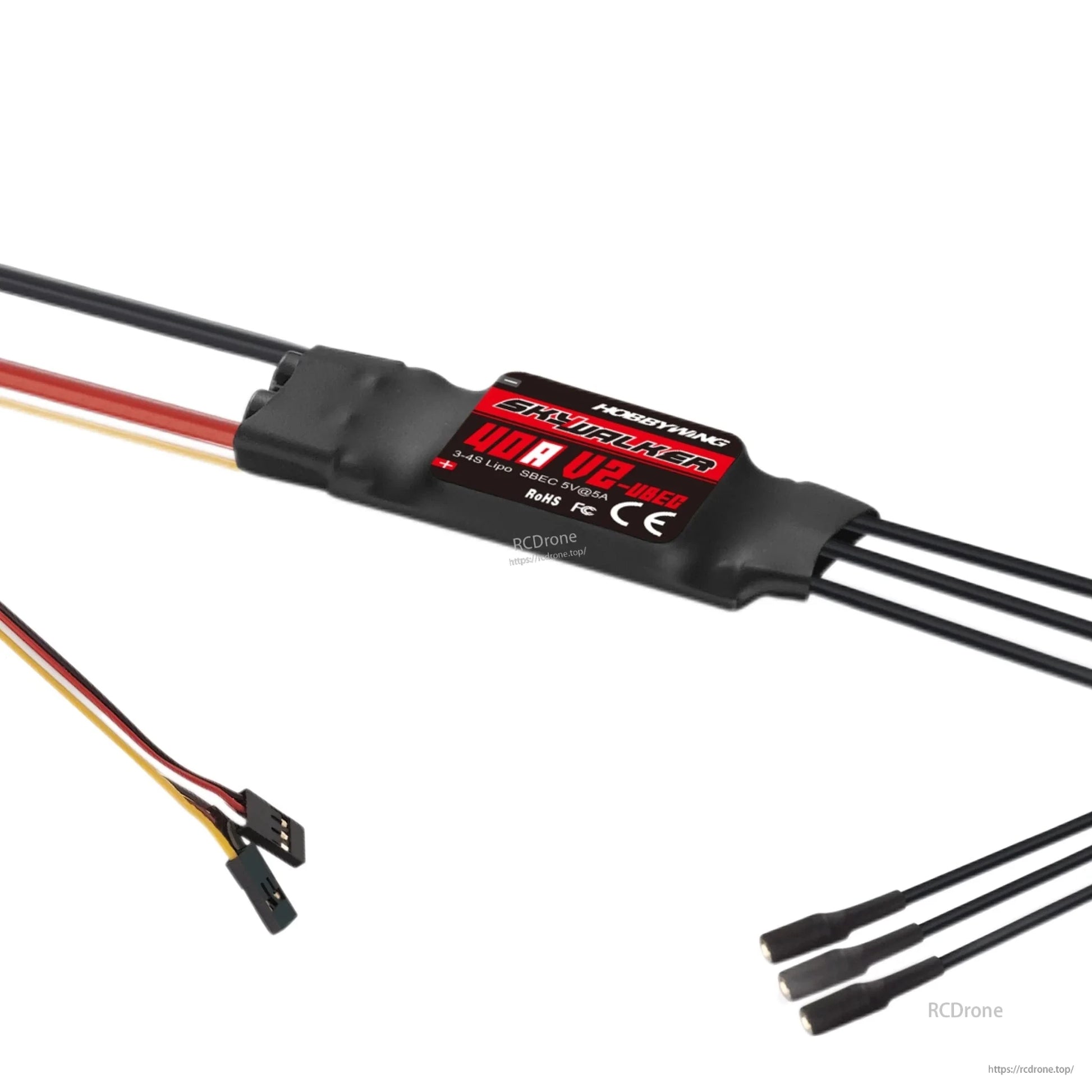 Hobbywing Skywalker 40A V2 RC aircraft ESC with 3 motor leads, battery wires, and 3-pin receiver plug