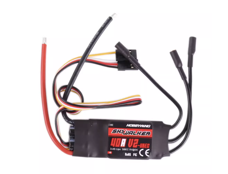 Hobbywing Skywalker 40A V2 RC aircraft ESC with 3–4S LiPo label, battery leads, motor bullet connectors and receiver plug