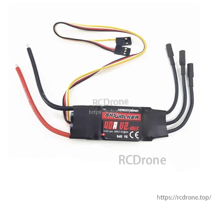 Hobbywing Skywalker 40A V2 RC Aircraft ESC, Hobbywing Skywalker 40A V2 UBEC RC aircraft ESC with battery leads, servo plug, and three motor connectors