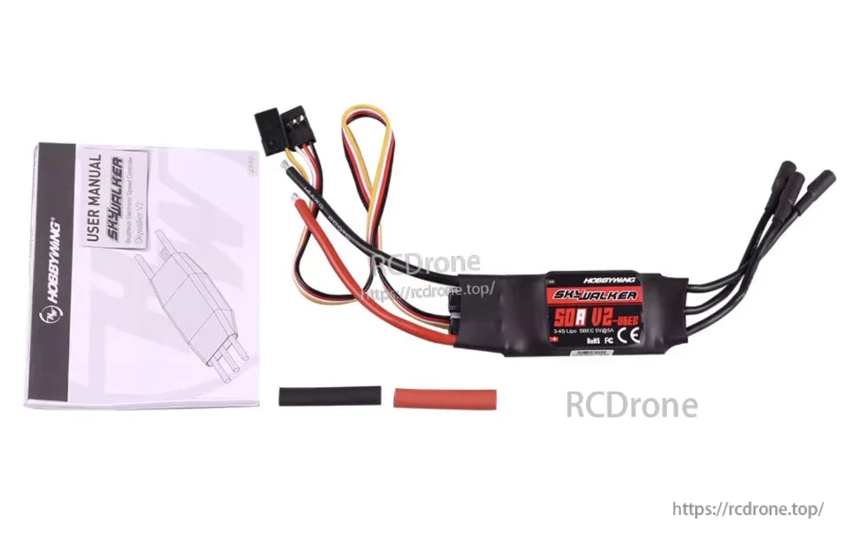 Hobbywing Skywalker 50A V2 SBEC RC Airplane ESC, Hobbywing Skywalker 50A V2 RC airplane ESC with SBEC, signal lead, and motor/battery wires plus manual