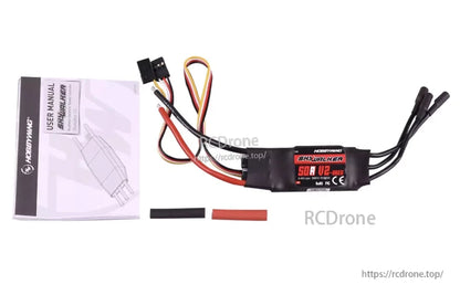 Hobbywing Skywalker 50A V2 SBEC RC Airplane ESC, Hobbywing Skywalker 50A V2 RC airplane ESC with SBEC, signal lead, and motor/battery wires plus manual
