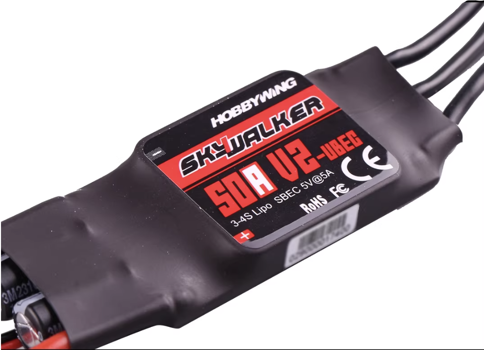 Hobbywing Skywalker 50A V2 SBEC RC airplane ESC with heat-shrink case, 3–4S LiPo and 5V/5A BEC label