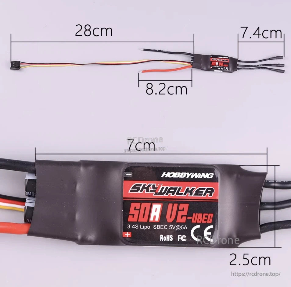 Hobbywing Skywalker 50A V2 SBEC RC Airplane ESC, Hobbywing Skywalker 50A V2-UBEC RC airplane ESC with 3–4S LiPo support, SBEC 5V/5A, and wire lengths