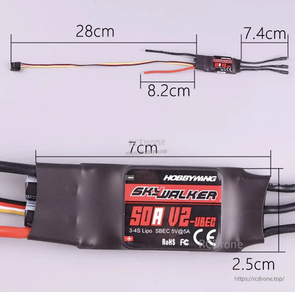 Hobbywing Skywalker 50A V2 SBEC RC Airplane ESC, Hobbywing Skywalker 50A V2-UBEC RC airplane ESC with 3–4S LiPo support, SBEC 5V/5A, and wire lengths