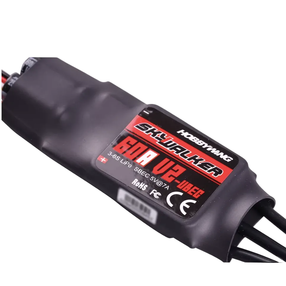 Hobbywing Skywalker 60A V2 ESC with shrink-wrapped корпус and label showing 3–6S LiPo SBEC 5V/7A