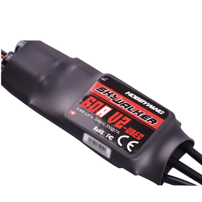 Hobbywing Skywalker 60A V2 ESC with shrink-wrapped корпус and label showing 3–6S LiPo SBEC 5V/7A