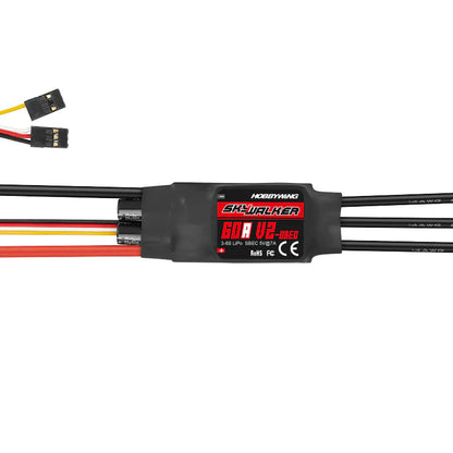 Hobbywing Skywalker 60A V2 ESC with 3–6S LiPo label, UBEC 5V 7A, and attached power and motor wires