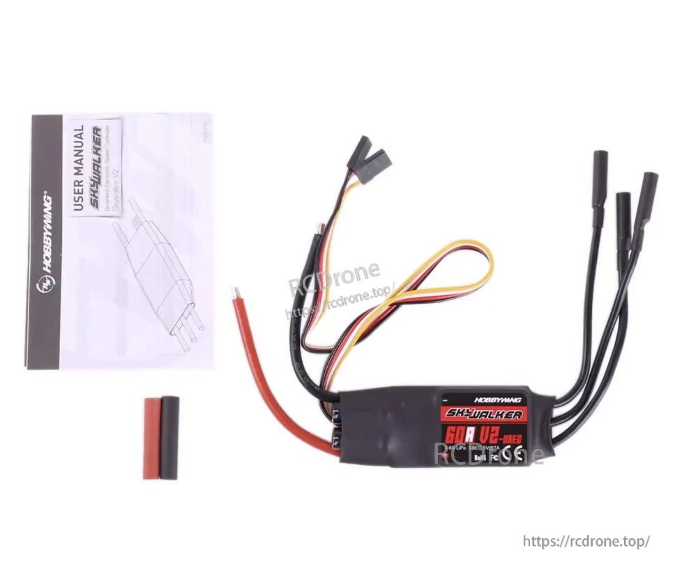 Hobbywing Skywalker 60A V2 ESC, Hobbywing Skywalker 60A V2 UBEC ESC with motor leads, battery wires, receiver plug, manual and heat shrink tube