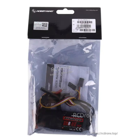 Hobbywing Skywalker 60A V2 ESC in retail bag with prewired leads, connectors, and user manual included