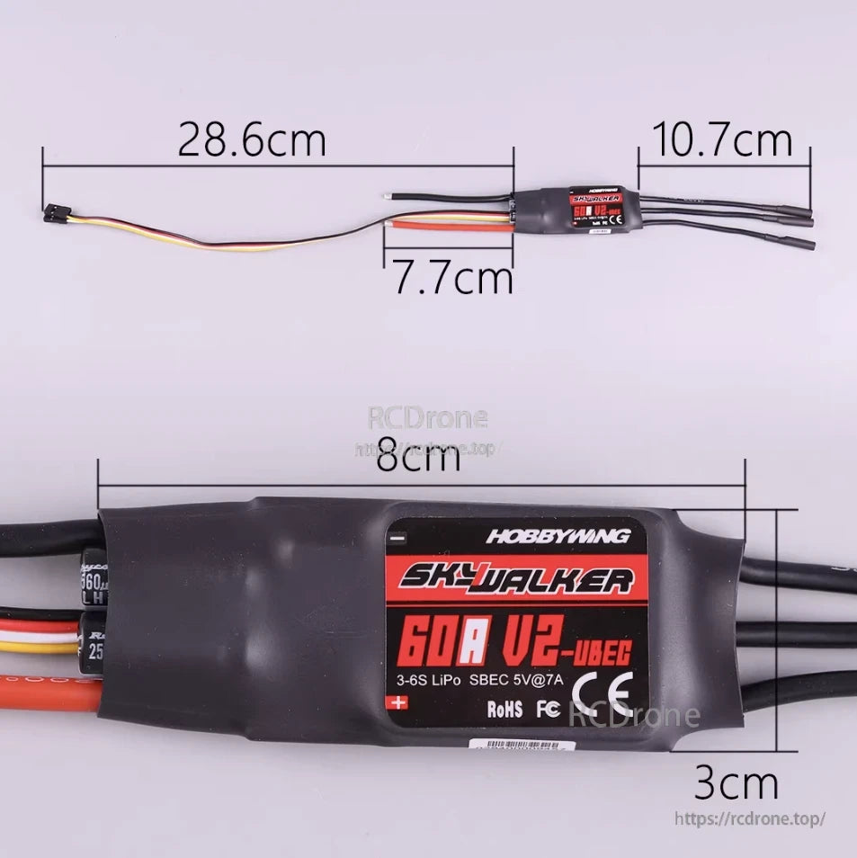 Hobbywing Skywalker 60A V2 ESC, Hobbywing Skywalker 60A V2 UBEC ESC with wiring leads and labeled dimensions, 8cm x 3cm case