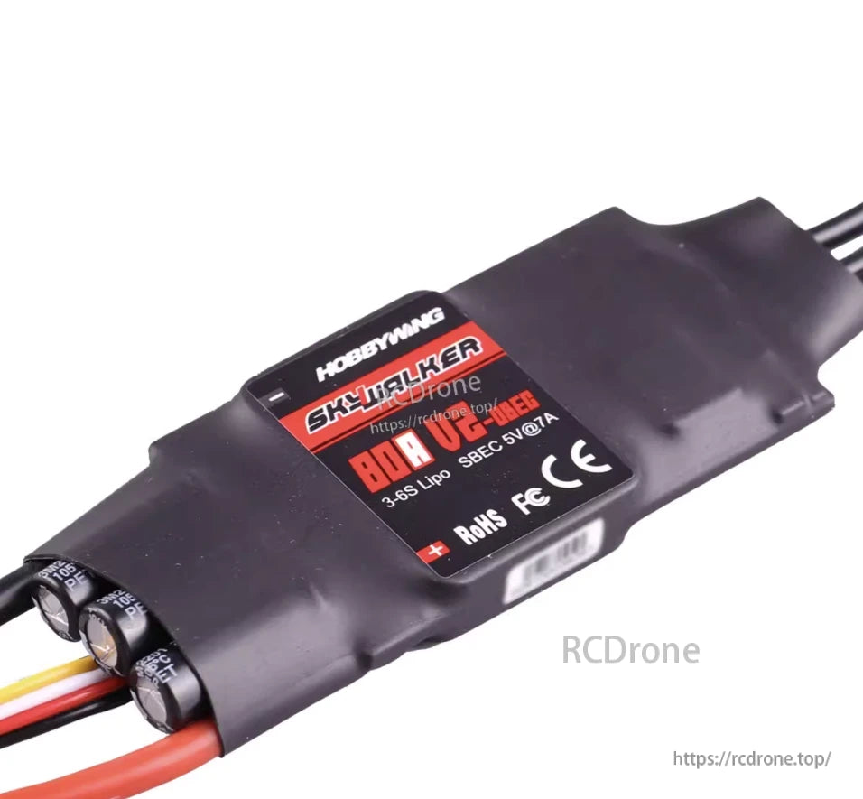 Hobbywing Skywalker 80A V2 Single ESC, Hobbywing Skywalker 80A V2-UBEC single ESC with 3–6S LiPo label and SBEC 5V 7A output, heat-shrink wrapped