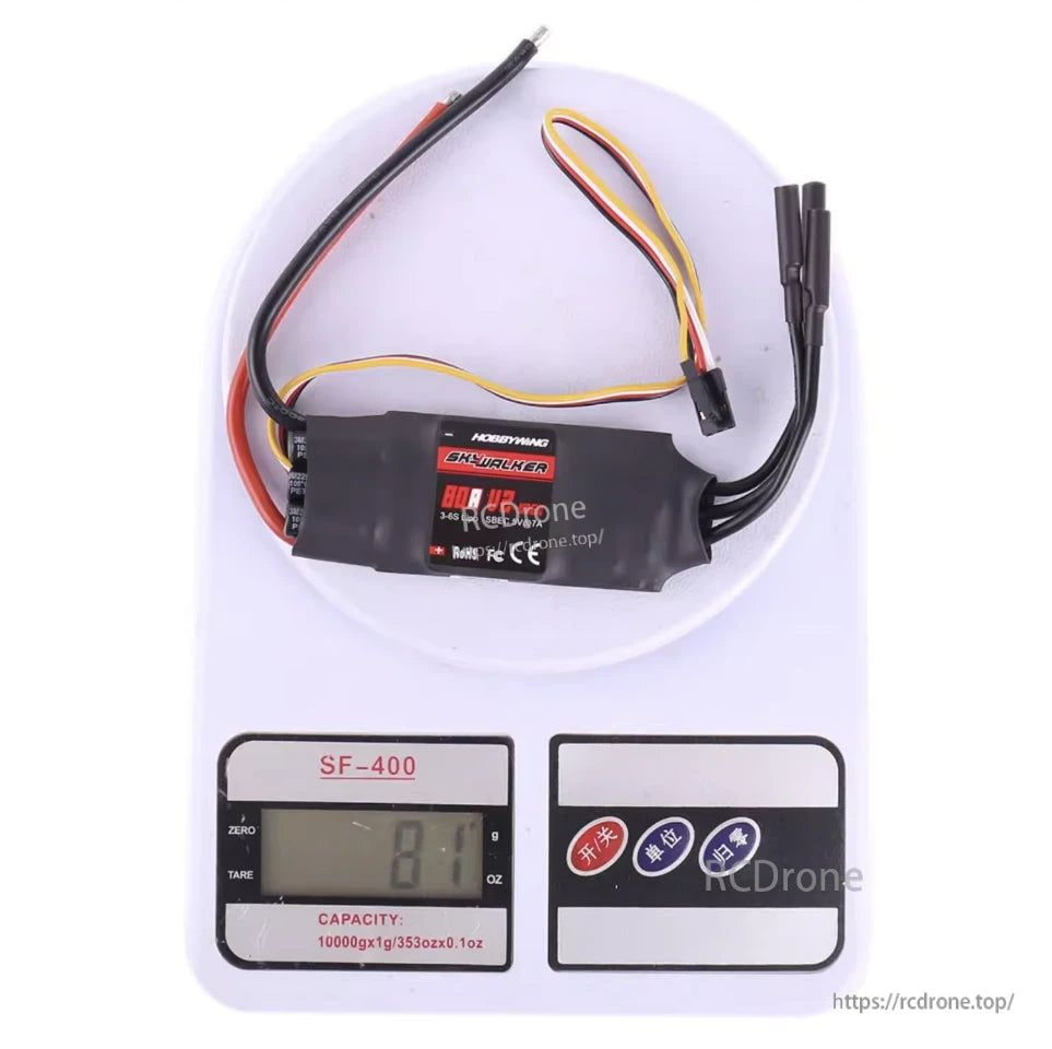 Hobbywing Skywalker 80A V2 Single ESC, Hobbywing Skywalker 80A V2 ESC with power leads and servo plug, shown on a digital scale reading 81 g