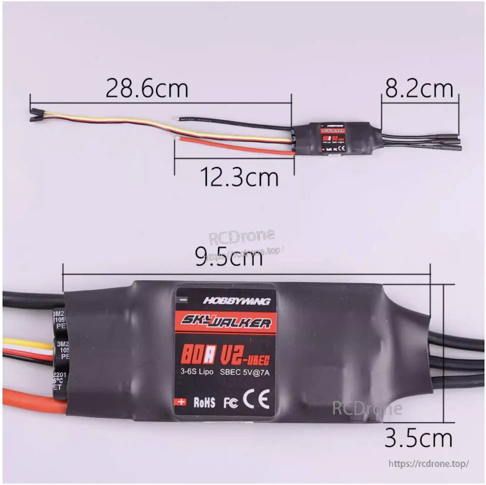 Hobbywing Skywalker 80A V2 single ESC with heatshrink case, 3–6S LiPo label, and wire length measurements