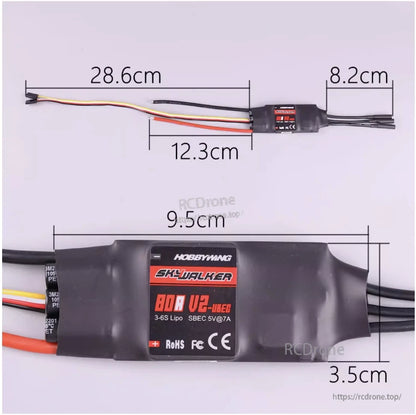 Hobbywing Skywalker 80A V2 single ESC with heatshrink case, 3–6S LiPo label, and wire length measurements