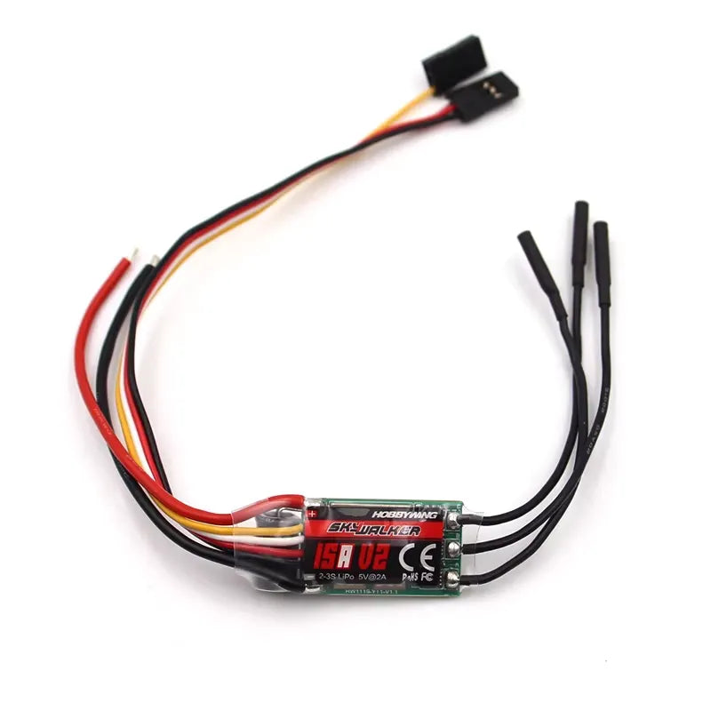 Hobbywing Skywalker V2 15A 2-3S Single ESC, Hobbywing Skywalker V2 15A ESC for 2–3S LiPo with three motor leads, battery wires, and servo plug