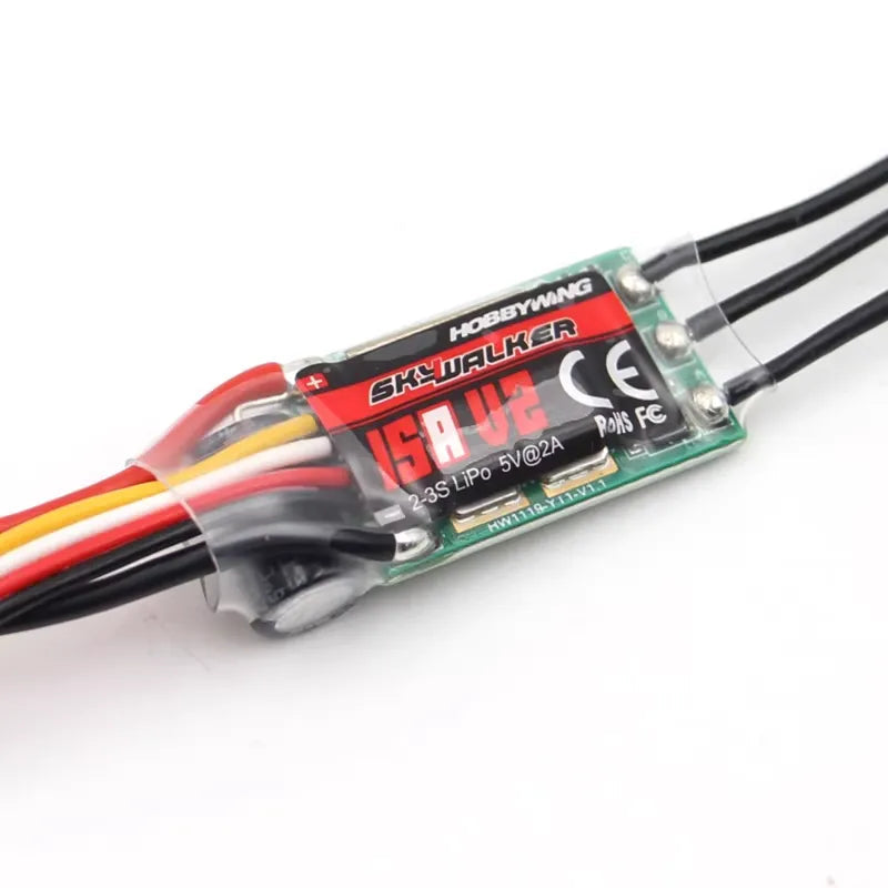 Hobbywing Skywalker V2 15A 2-3S Single ESC, Hobbywing Skywalker 15A V2 single ESC with wiring, labeled 2–3S LiPo and 5V@2A BEC