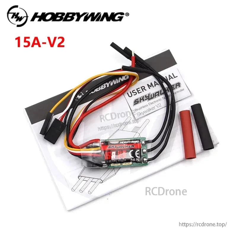 Hobbywing Skywalker V2 15A 2-3S Single ESC, Hobbywing Skywalker V2 15A brushless ESC with battery and motor leads, manual, and heat-shrink tubing