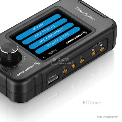Hobbywing Tunalyzer Tool of Motor, Hobbywing Tunalyzer motor analyzer with touchscreen menu, control knob, sensor port, and 2–4S LiPo terminals