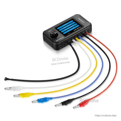 Hobbywing Tunalyzer Tool of Motor, Hobbywing Tunalyzer motor analyzer tool with LCD screen, control dial, and colored alligator clip leads
