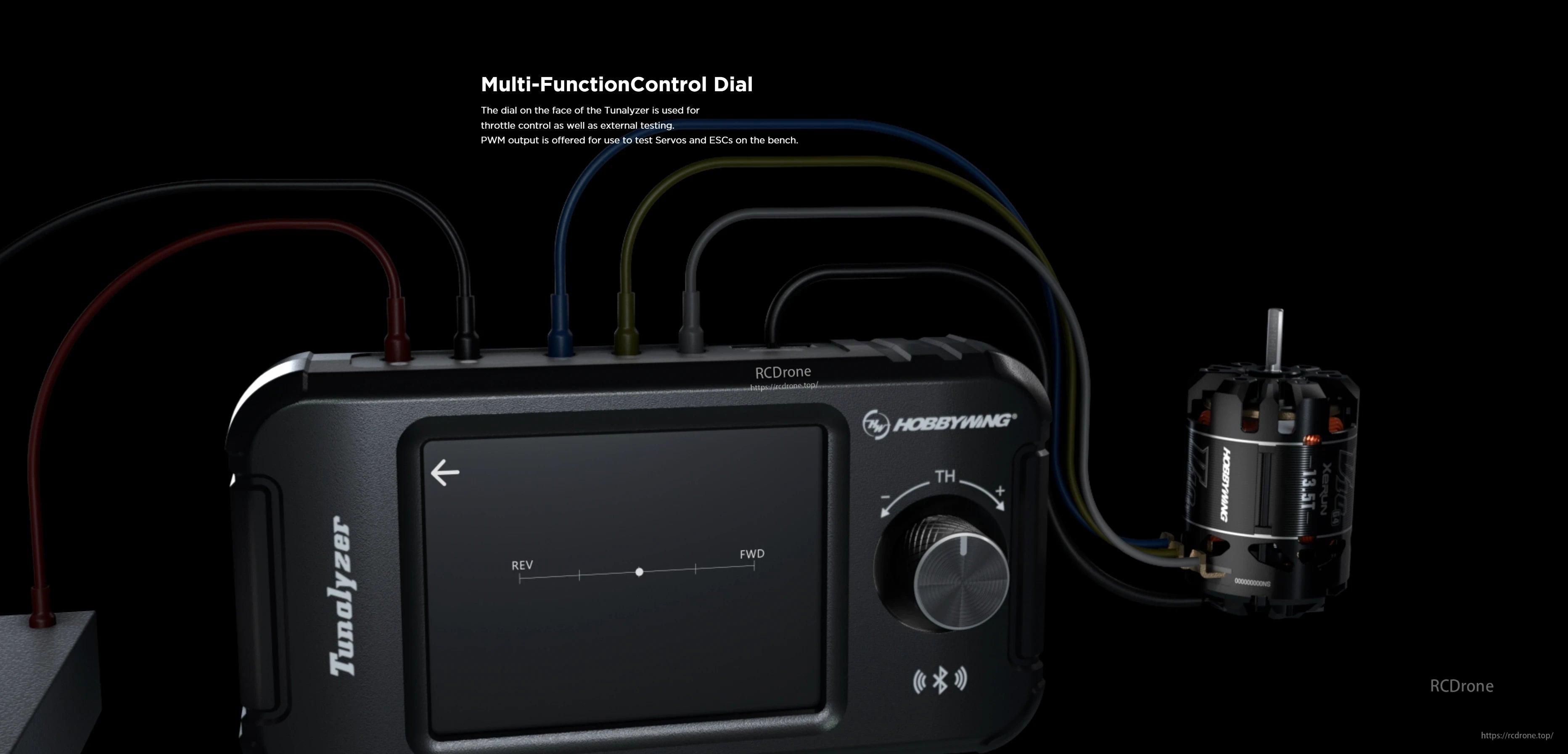 Hobbywing Tunalyzer Tool of Motor, Hobbywing Tunalyzer motor tuning tool with display and throttle control dial connected to a brushless motor