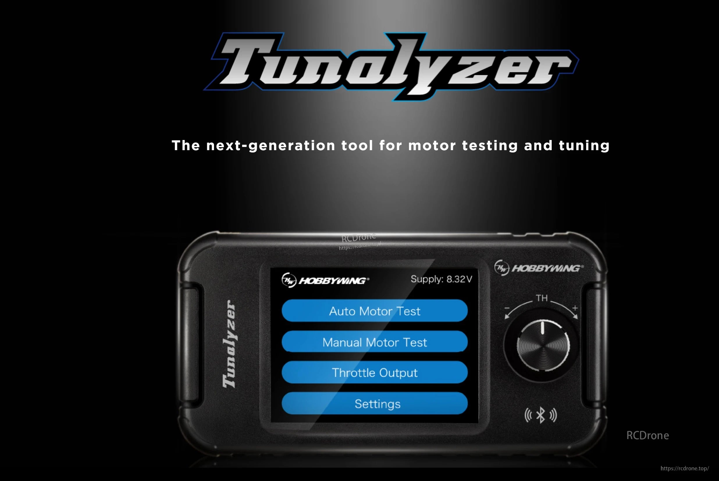 Hobbywing Tunalyzer Tool of Motor, Hobbywing Tunalyzer motor testing tool with touchscreen menu, rotary TH dial, and Bluetooth icon