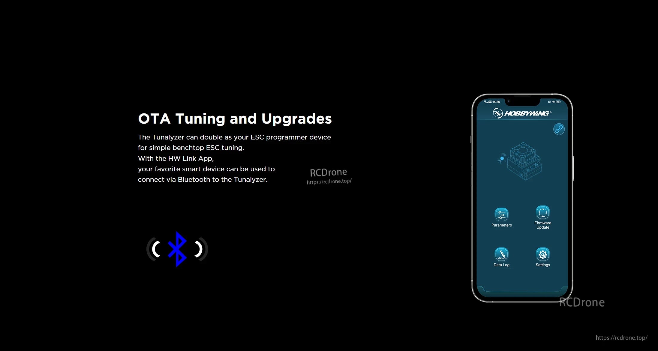Hobbywing Tunalyzer Tool of Motor, Hobbywing Tunalyzer OTA tuning and upgrades screen, showing HW Link app Bluetooth connection and firmware update options