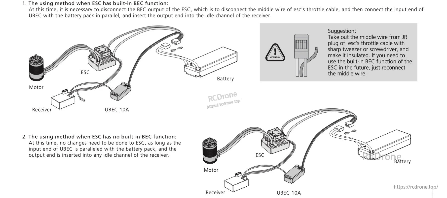 Wiring diagram for Hobbywing UBEC 10A showing ESC, battery, receiver and motor connections with BEC disable note